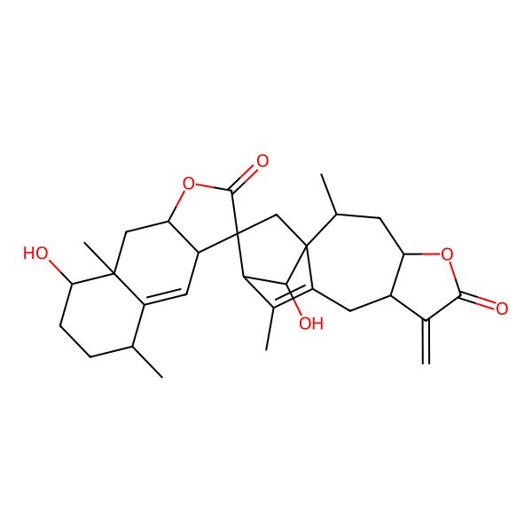 2D Structure of (1'S,2'S,3S,3aR,4'S,8R,8'R,8aR,9aR,12'R)-8,15'-dihydroxy-2',5,8a,11'-tetramethyl-7'-methylidenespiro[5,6,7,8,9,9a-hexahydro-3aH-benzo[f][1]benzofuran-3,13'-5-oxatetracyclo[10.2.1.01,10.04,8]pentadec-10-ene]-2,6'-dione