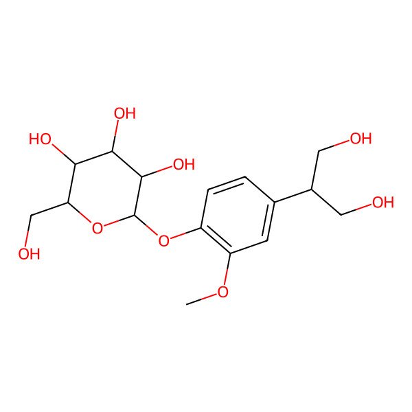 2D Structure of (2S,3R,4S,5S,6R)-2-[4-(1,3-dihydroxypropan-2-yl)-2-methoxyphenoxy]-6-(hydroxymethyl)oxane-3,4,5-triol