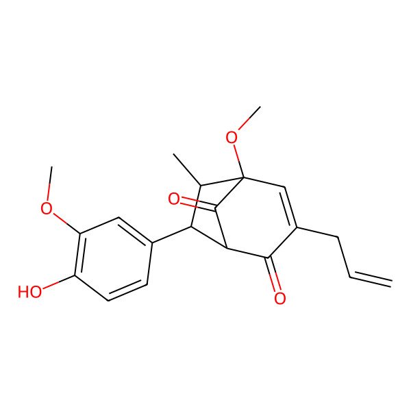 2D Structure of (1R,5R,6R,7R)-7-(4-Hydroxy-3-methoxyphenyl)-5-methoxy-6-methyl-3-(2-propen-1-yl)bicyclo(3.2.1)oct-3-ene-2,8-dione
