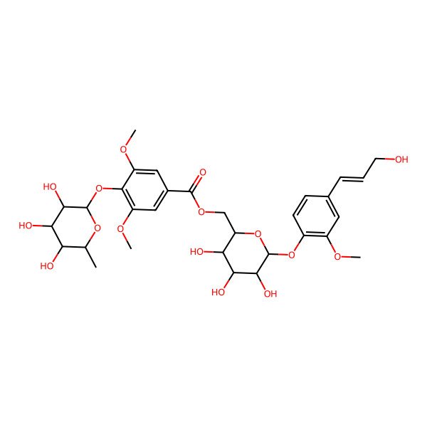 2D Structure of [(2R,3S,4S,5R,6S)-3,4,5-trihydroxy-6-[4-[(E)-3-hydroxyprop-1-enyl]-2-methoxyphenoxy]oxan-2-yl]methyl 3,5-dimethoxy-4-[(2S,3R,4R,5R,6S)-3,4,5-trihydroxy-6-methyloxan-2-yl]oxybenzoate