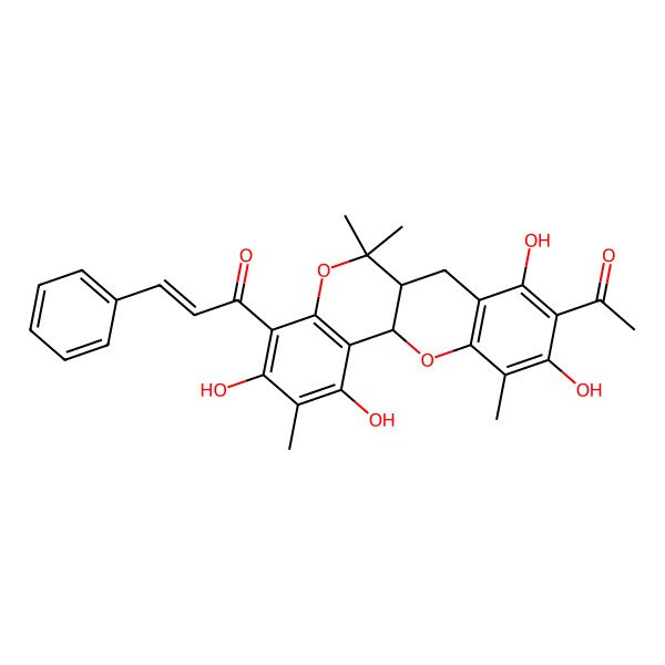 2D Structure of (E)-1-[(6aS,12aR)-9-acetyl-1,3,8,10-tetrahydroxy-2,6,6,11-tetramethyl-7,12a-dihydro-6aH-chromeno[3,2-c]chromen-4-yl]-3-phenylprop-2-en-1-one