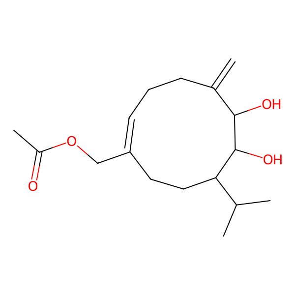 2D Structure of [(1E,6R,7R,8S)-6,7-dihydroxy-5-methylidene-8-propan-2-ylcyclodecen-1-yl]methyl acetate