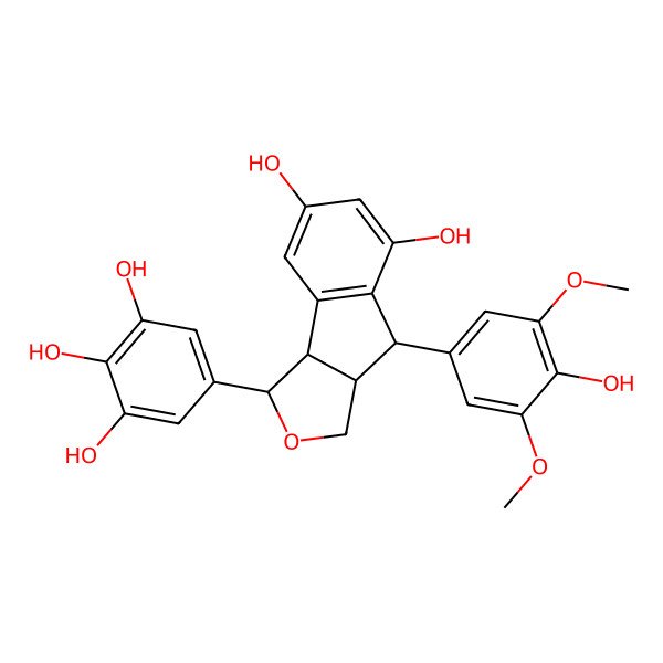 2D Structure of 5-[(1R,3aS,4R,8bS)-5,7-dihydroxy-4-(4-hydroxy-3,5-dimethoxyphenyl)-3,3a,4,8b-tetrahydro-1H-indeno[1,2-c]furan-1-yl]benzene-1,2,3-triol