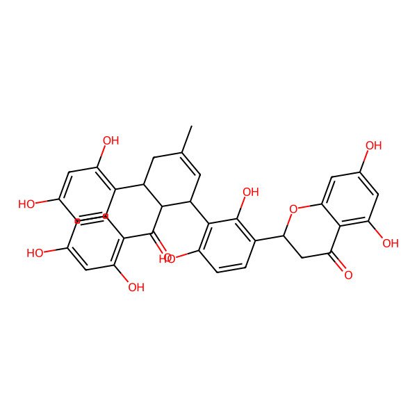 2D Structure of (2S)-2-(3-((1S,5R,6S)-6-(2,4-Dihydroxybenzoyl)-5-(2,4-dihydroxyphenyl)-3-methyl-2-cyclohexen-1-yl)-2,4-dihydroxyphenyl)-2,3-dihydro-5,7-dihydroxy-4H-1-benzopyran-4-one
