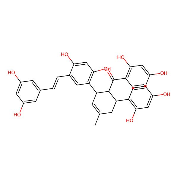 2D Structure of (2,4-dihydroxyphenyl)-[(1S,2S,6R)-6-(2,4-dihydroxyphenyl)-2-[5-[(E)-2-(3,5-dihydroxyphenyl)ethenyl]-2,4-dihydroxyphenyl]-4-methylcyclohex-3-en-1-yl]methanone