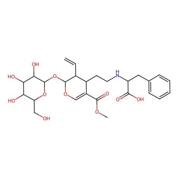 2D Structure of (2S)-2-[2-[(2S,3R,4S)-3-ethenyl-5-methoxycarbonyl-2-[(2S,3R,4S,5S,6R)-3,4,5-trihydroxy-6-(hydroxymethyl)oxan-2-yl]oxy-3,4-dihydro-2H-pyran-4-yl]ethylamino]-3-phenylpropanoic acid