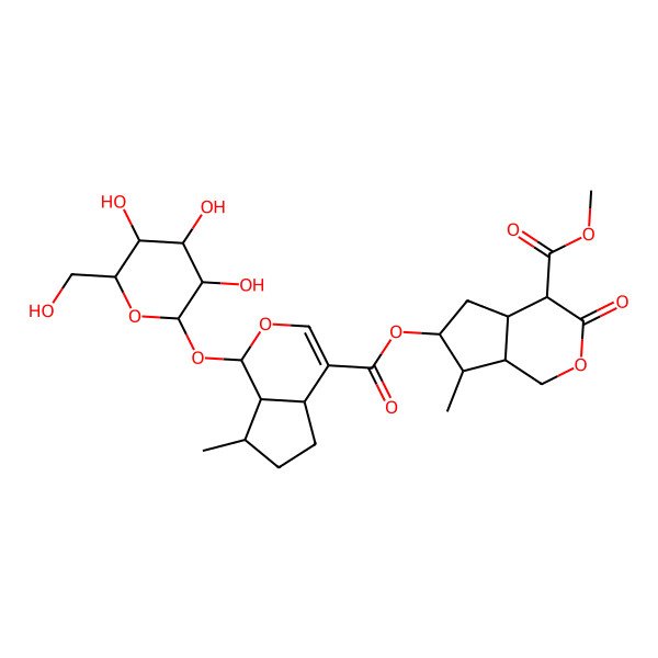 2D Structure of methyl (4S,4aS,6S,7R,7aS)-6-[(1S,4aS,7S,7aS)-7-methyl-1-[(2S,3R,4S,5S,6R)-3,4,5-trihydroxy-6-(hydroxymethyl)oxan-2-yl]oxy-1,4a,5,6,7,7a-hexahydrocyclopenta[c]pyran-4-carbonyl]oxy-7-methyl-3-oxo-4,4a,5,6,7,7a-hexahydro-1H-cyclopenta[c]pyran-4-carboxylate