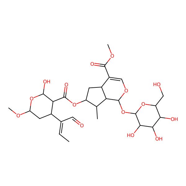 2D Structure of methyl (1S,4aS,6S,7R,7aS)-6-[(2S,3S,4R,6S)-2-hydroxy-6-methoxy-4-[(E)-1-oxobut-2-en-2-yl]oxane-3-carbonyl]oxy-7-methyl-1-[(2S,3R,4S,5S,6R)-3,4,5-trihydroxy-6-(hydroxymethyl)oxan-2-yl]oxy-1,4a,5,6,7,7a-hexahydrocyclopenta[c]pyran-4-carboxylate