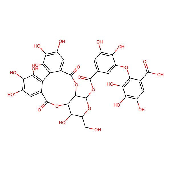 2D Structure of 2-[5-[[(10R,11R,13R,14R,15S)-3,4,5,14,20,21,22-heptahydroxy-13-(hydroxymethyl)-8,17-dioxo-9,12,16-trioxatetracyclo[16.4.0.02,7.010,15]docosa-1(22),2,4,6,18,20-hexaen-11-yl]oxycarbonyl]-2,3-dihydroxyphenoxy]-3,4,5-trihydroxybenzoic acid