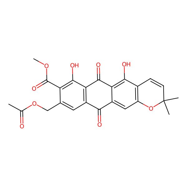 2D Structure of Methyl 9-(acetyloxymethyl)-5,7-dihydroxy-2,2-dimethyl-6,11-dioxonaphtho[3,2-g]chromene-8-carboxylate