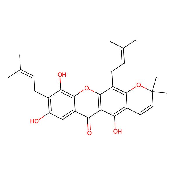 2D Structure of 5,8,10-Trihydroxy-2,2-dimethyl-9,12-bis(3-methylbut-2-enyl)pyrano[3,2-b]xanthen-6-one