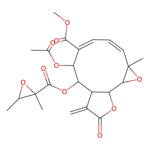 2D Structure of methyl (1S,2R,4R,5Z,7E,9S,10S,11R)-9-acetyloxy-10-[(2R,3R)-2,3-dimethyloxirane-2-carbonyl]oxy-4-methyl-12-methylidene-13-oxo-3,14-dioxatricyclo[9.3.0.02,4]tetradeca-5,7-diene-8-carboxylate