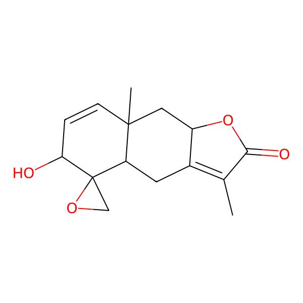 2D Structure of Spiro[naphtho[2,3-b]furan-5(2H),2a(2)-oxiran]-2-one, 4,4a,6,8a,9,9a-hexahydro-6-hydroxy-3,8a-dimethyl-, (2a(2)R,4aR,6R,8aS,9aS)-