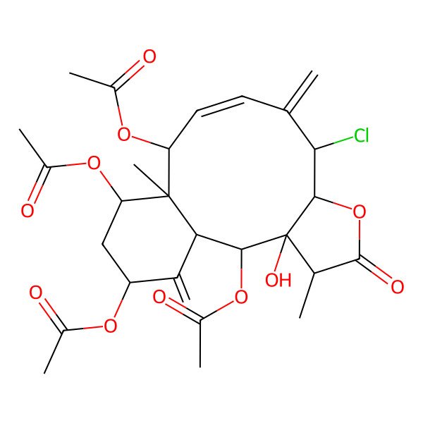 2D Structure of [(1S,2S,3R,4R,7R,8S,10Z,12S,13R,14S,16R)-2,12,14-triacetyloxy-8-chloro-3-hydroxy-4,13-dimethyl-9,17-dimethylidene-5-oxo-6-oxatricyclo[11.4.0.03,7]heptadec-10-en-16-yl] acetate