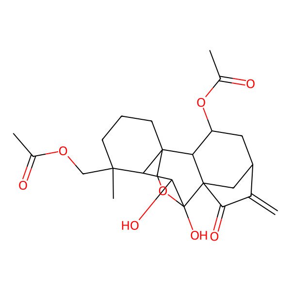 2D Structure of [(1S,2S,3R,5S,8S,9S,10S,11R,12R)-3-acetyloxy-9,10-dihydroxy-12-methyl-6-methylidene-7-oxo-17-oxapentacyclo[7.6.2.15,8.01,11.02,8]octadecan-12-yl]methyl acetate