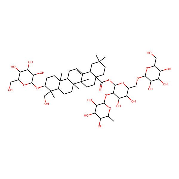 2D Structure of [(2S,3R,4S,5S,6R)-4,5-dihydroxy-6-[[(2R,3R,4S,5S,6R)-3,4,5-trihydroxy-6-(hydroxymethyl)oxan-2-yl]oxymethyl]-3-[(2S,3R,4R,5R,6S)-3,4,5-trihydroxy-6-methyloxan-2-yl]oxyoxan-2-yl] (4aS,6aR,6aS,6bR,8aR,9R,10S,12aR,14bS)-9-(hydroxymethyl)-2,2,6a,6b,9,12a-hexamethyl-10-[(2R,3R,4S,5S,6R)-3,4,5-trihydroxy-6-(hydroxymethyl)oxan-2-yl]oxy-1,3,4,5,6,6a,7,8,8a,10,11,12,13,14b-tetradecahydropicene-4a-carboxylate