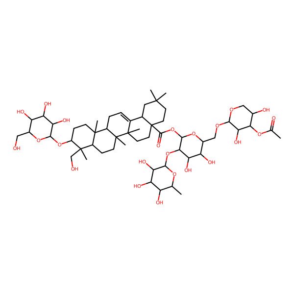 2D Structure of [(2S,3R,4S,5S,6R)-6-[[(2S,3R,4S,5R)-4-acetyloxy-3,5-dihydroxyoxan-2-yl]oxymethyl]-4,5-dihydroxy-3-[(2S,3R,4R,5R,6S)-3,4,5-trihydroxy-6-methyloxan-2-yl]oxyoxan-2-yl] (4aS,6aR,6aS,6bR,8aR,9R,10S,12aR,14bS)-9-(hydroxymethyl)-2,2,6a,6b,9,12a-hexamethyl-10-[(2R,3R,4S,5S,6R)-3,4,5-trihydroxy-6-(hydroxymethyl)oxan-2-yl]oxy-1,3,4,5,6,6a,7,8,8a,10,11,12,13,14b-tetradecahydropicene-4a-carboxylate
