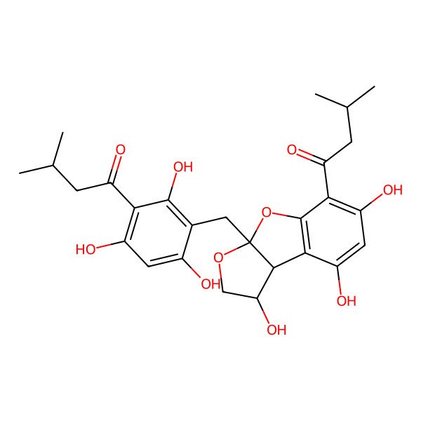 2D Structure of 1-[3-[[(1R,3aS,8bR)-1,6,8-trihydroxy-5-(3-methylbutanoyl)-2,8b-dihydro-1H-furo[2,3-b][1]benzofuran-3a-yl]methyl]-2,4,6-trihydroxyphenyl]-3-methylbutan-1-one