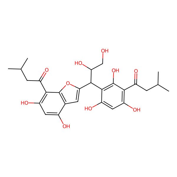 2D Structure of 1-[3-[(1S,2R)-1-[4,6-dihydroxy-7-(3-methylbutanoyl)-1-benzofuran-2-yl]-2,3-dihydroxypropyl]-2,4,6-trihydroxyphenyl]-3-methylbutan-1-one