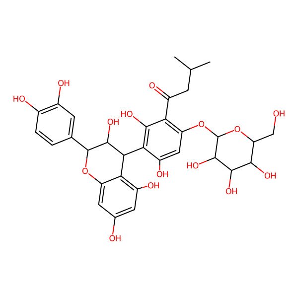 2D Structure of 1-[3-[(2S,3S,4R)-2-(3,4-dihydroxyphenyl)-3,5,7-trihydroxy-3,4-dihydro-2H-chromen-4-yl]-2,4-dihydroxy-6-[(2S,3R,4S,5S,6R)-3,4,5-trihydroxy-6-(hydroxymethyl)oxan-2-yl]oxyphenyl]-3-methylbutan-1-one