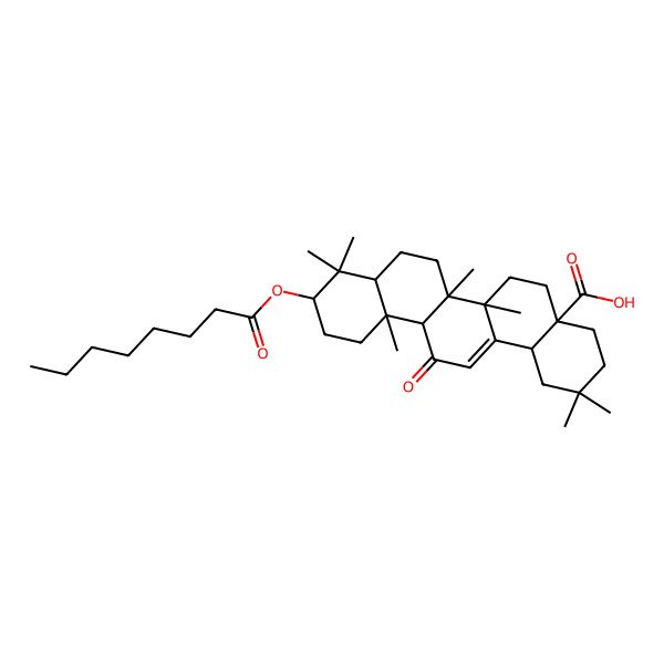 2D Structure of (4aS,6aR,6aS,6bR,8aR,10S,12aS,14bS)-2,2,6a,6b,9,9,12a-heptamethyl-10-octanoyloxy-13-oxo-3,4,5,6,6a,7,8,8a,10,11,12,14b-dodecahydro-1H-picene-4a-carboxylic acid 2D Structure of (4aS,6aR,6aS,6bR,8aR,10S,12aS,14bS)-2,2,6a,6b,9,9,12a-heptamethyl-10-octanoyloxy-13-oxo-3,4,5,6,6a,7,8,8a,10,11,12,14b-dodecahydro-1H-picene-4a-carboxylic acid