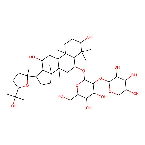 2D Structure of (2S)-2-[2-[[(8R,10R,12R,13S,14R,17R)-3,12-dihydroxy-17-[(2S)-5-(2-hydroxypropan-2-yl)-2-methyloxolan-2-yl]-4,4,8,10,14-pentamethyl-2,3,5,6,7,9,11,12,13,15,16,17-dodecahydro-1H-cyclopenta[a]phenanthren-6-yl]oxy]-4,5-dihydroxy-6-(hydroxymethyl)oxan-3-yl]oxyoxane-3,4,5-triol