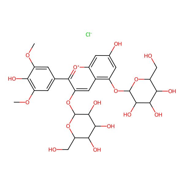 2D Structure of 3,5-Bis(beta-D-glucopyranosyloxy)-7-hydroxy-2-(4-hydroxy-3,5-dimethoxyphenyl)-1-benzopyrylium chloride