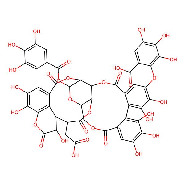 2D Structure of 2-[[(4R,5S,7R,25S,26R)-29-(carboxymethyl)-13,14,15,18,19,31,35,36-octahydroxy-2,10,23,28,32-pentaoxo-5-(3,4,5-trihydroxybenzoyl)oxy-3,6,9,24,27,33-hexaoxaheptacyclo[28.7.1.04,25.07,26.011,16.017,22.034,38]octatriaconta-1(37),11,13,15,17,19,21,34(38),35-nonaen-20-yl]oxy]-3,4,5-trihydroxybenzoic acid