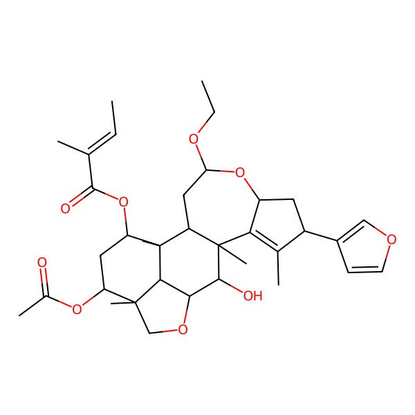 2D Structure of [(1R,2R,4R,6S,8R,11R,12S,13R,16R,17R,19S,20R)-17-acetyloxy-4-ethoxy-8-(furan-3-yl)-12-hydroxy-1,9,11,16-tetramethyl-5,14-dioxapentacyclo[11.6.1.02,11.06,10.016,20]icos-9-en-19-yl] (E)-2-methylbut-2-enoate