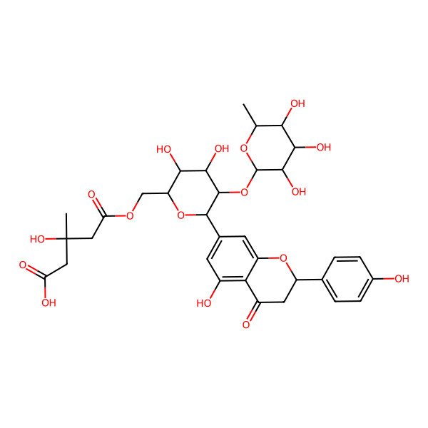 2D Structure of 5-[[(2R,3S,4S,5R,6S)-3,4-dihydroxy-6-[5-hydroxy-2-(4-hydroxyphenyl)-4-oxo-2,3-dihydrochromen-7-yl]-5-[(2S,3R,4R,5R,6S)-3,4,5-trihydroxy-6-methyloxan-2-yl]oxyoxan-2-yl]methoxy]-3-hydroxy-3-methyl-5-oxopentanoic acid