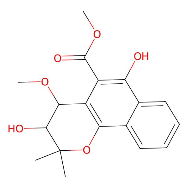 2D Structure of Methyl 3,6-dihydroxy-4-methoxy-2,2-dimethyl-3,4-dihydrobenzo[h]chromene-5-carboxylate