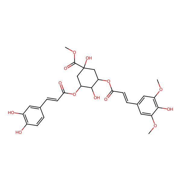 2D Structure of methyl (1R,3R,4S,5R)-3-[(E)-3-(3,4-dihydroxyphenyl)prop-2-enoyl]oxy-1,4-dihydroxy-5-[(E)-3-(4-hydroxy-3,5-dimethoxyphenyl)prop-2-enoyl]oxycyclohexane-1-carboxylate