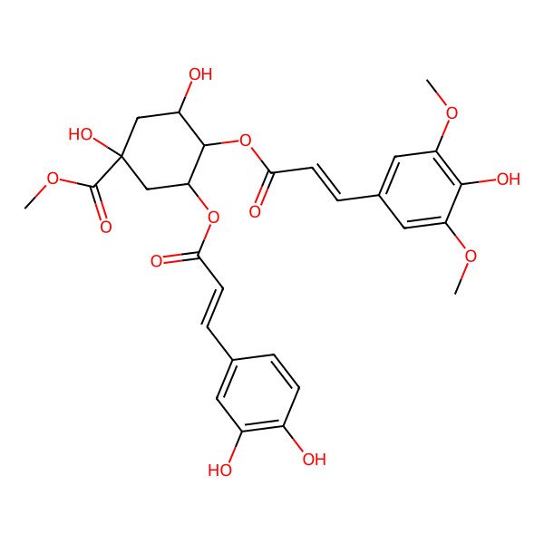 2D Structure of methyl (1S,3R,4R,5R)-3-[(E)-3-(3,4-dihydroxyphenyl)prop-2-enoyl]oxy-1,5-dihydroxy-4-[(E)-3-(4-hydroxy-3,5-dimethoxyphenyl)prop-2-enoyl]oxycyclohexane-1-carboxylate