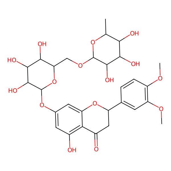 2D Structure of (2S)-2-(3,4-dimethoxyphenyl)-5-hydroxy-7-((2S,3S,4S,5S,6R)-3,4,5-trihydroxy-6-(((2R,3R,4R,5R,6S)-3,4,5-trihydroxy-6-methyloxan-2-yl)oxymethyl)oxan-2-yl)oxy-2,3-dihydrochromen-4-one