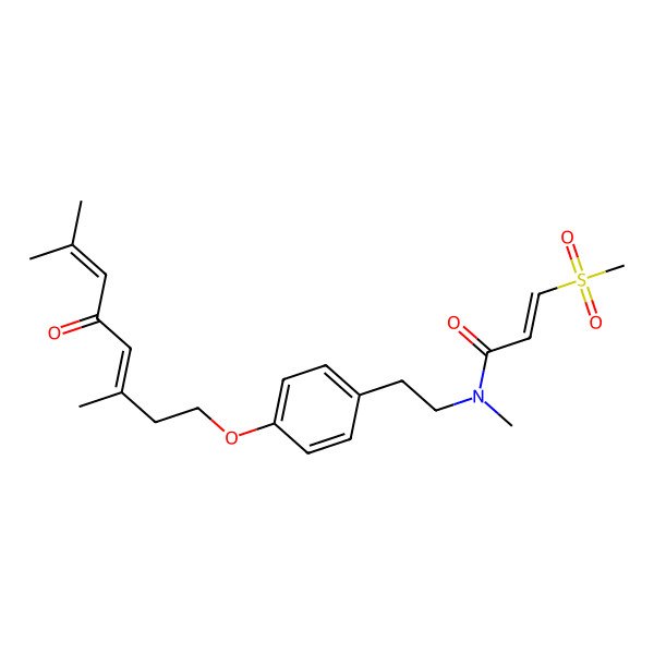 2D Structure of (E)-N-[2-[4-[(3E)-3,7-dimethyl-5-oxoocta-3,6-dienoxy]phenyl]ethyl]-N-methyl-3-methylsulfonylprop-2-enamide