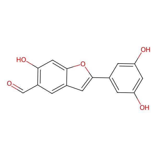 2D Structure of 2-(3,5-Dihydroxyphenyl)-6-hydroxy-1-benzofuran-5-carbaldehyde