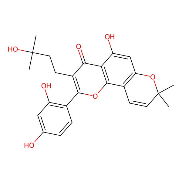 2D Structure of 2-(2,4-Dihydroxyphenyl)-5-hydroxy-3-(3-hydroxy-3-methylbutyl)-8,8-dimethyl-4H,8H-benzo(1,2-b:3,4-b')dipyran-4-one