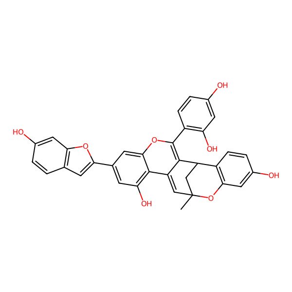 2D Structure of 3-(2,4-Dihydroxyphenyl)-7-(6-hydroxy-1-benzofuran-2-yl)-13-methyl-4,14-dioxapentacyclo[11.7.1.02,11.05,10.015,20]henicosa-2,5,7,9,11,15(20),16,18-octaene-9,17-diol