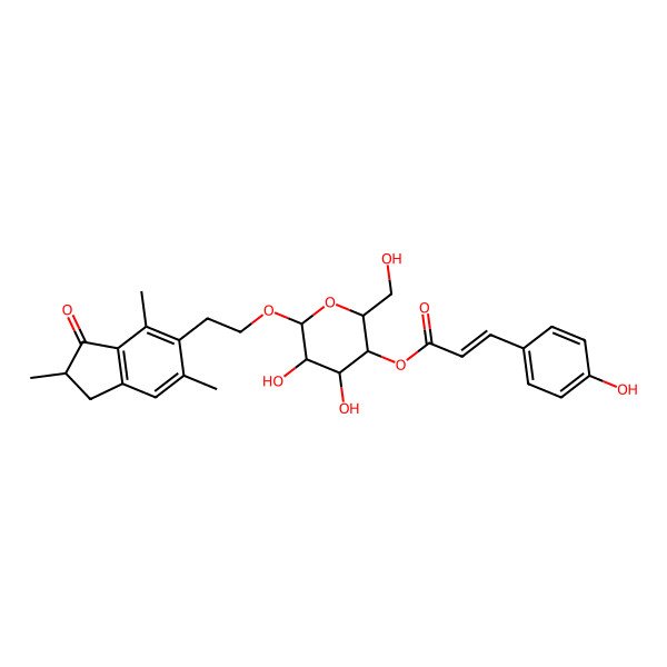 2D Structure of [(2R,3S,4R,5R,6R)-4,5-dihydroxy-2-(hydroxymethyl)-6-[2-[(2R)-2,4,6-trimethyl-3-oxo-1,2-dihydroinden-5-yl]ethoxy]oxan-3-yl] (E)-3-(4-hydroxyphenyl)prop-2-enoate