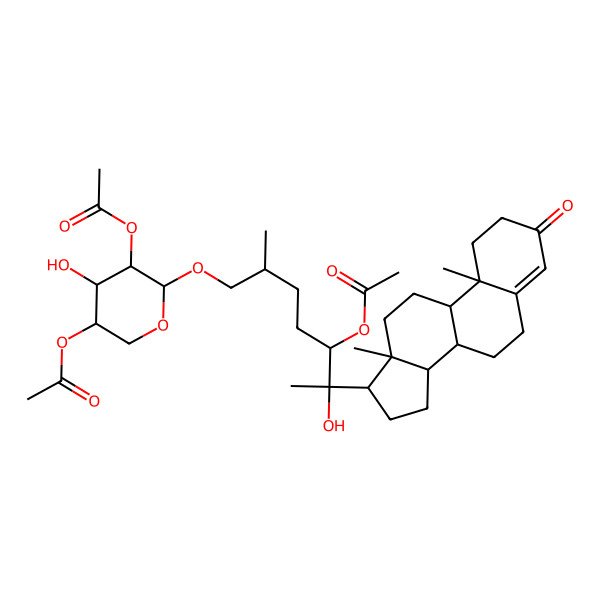 2D Structure of [(3R,4R,5S,6R)-5-acetyloxy-6-[(2S,5R,6R)-5-acetyloxy-6-[(8S,9S,10R,13S,14S,17S)-10,13-dimethyl-3-oxo-1,2,6,7,8,9,11,12,14,15,16,17-dodecahydrocyclopenta[a]phenanthren-17-yl]-6-hydroxy-2-methylheptoxy]-4-hydroxyoxan-3-yl] acetate