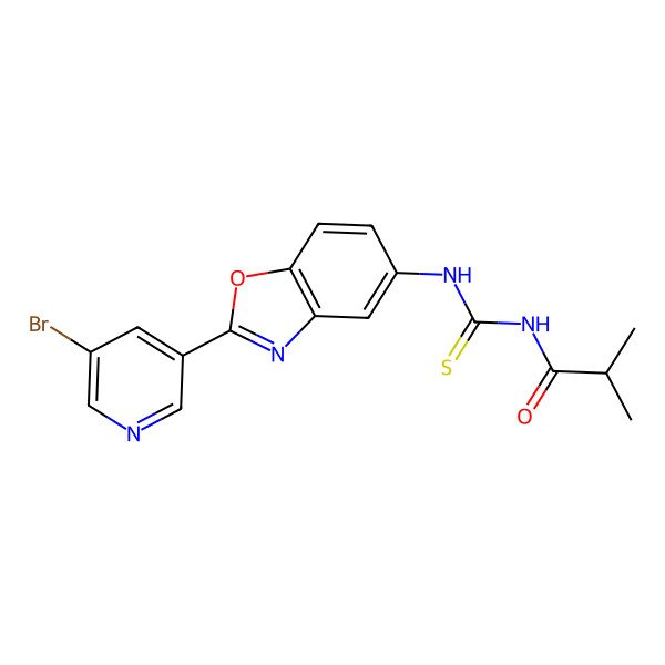 2D Structure of N-[2-(5-bromo-3-pyridinyl)-1,3-benzoxazol-5-yl]-N'-isobutyrylthiourea