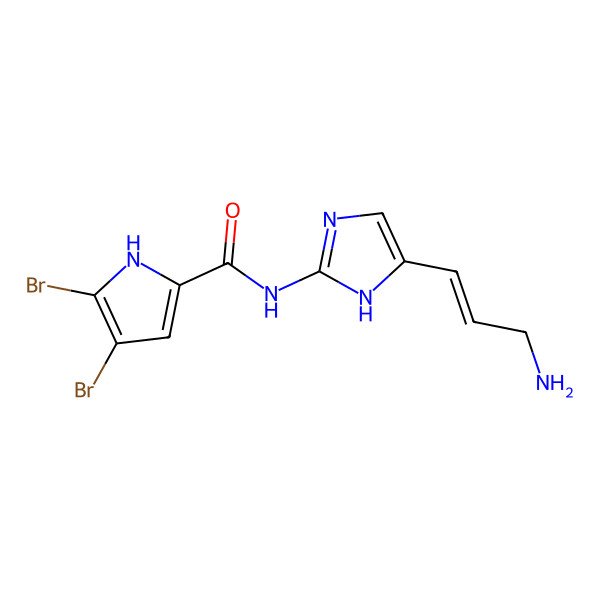 2D Structure of N-[5-[(E)-3-aminoprop-1-enyl]-1H-imidazol-2-yl]-4,5-dibromo-1H-pyrrole-2-carboxamide