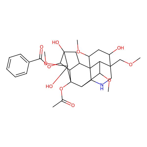 2D Structure of [(1S,2R,3R,4R,5R,6S,7S,8R,9R,10R,13R,14R,16S,17S,18R)-8-acetyloxy-5,7,14-trihydroxy-6,16,18-trimethoxy-13-(methoxymethyl)-11-azahexacyclo[7.7.2.12,5.01,10.03,8.013,17]nonadecan-4-yl] benzoate