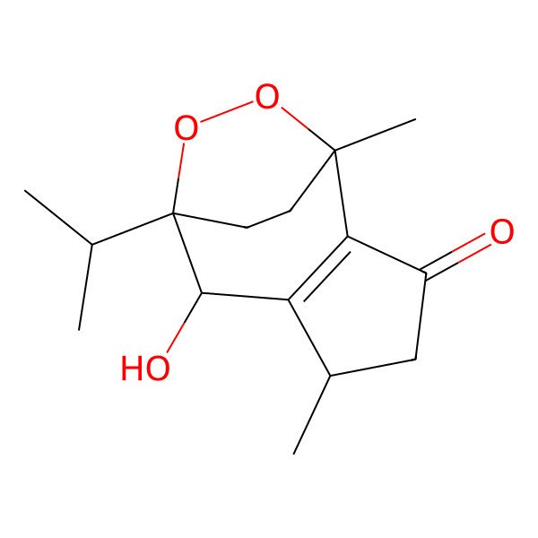2D Structure of (1S,5R,7R,8S)-7-hydroxy-1,5-dimethyl-8-propan-2-yl-9,10-dioxatricyclo[6.2.2.02,6]dodec-2(6)-en-3-one