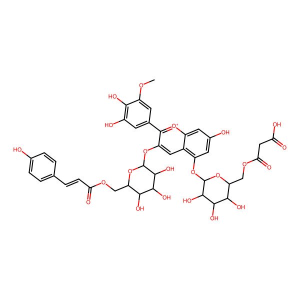 2D Structure of 3-[[(2R,3S,4S,5R,6S)-6-[2-(3,4-dihydroxy-5-methoxyphenyl)-7-hydroxy-3-[(2S,3R,4S,5S,6R)-3,4,5-trihydroxy-6-[3-(4-hydroxyphenyl)prop-2-enoyloxymethyl]oxan-2-yl]oxychromenylium-5-yl]oxy-3,4,5-trihydroxyoxan-2-yl]methoxy]-3-oxopropanoic acid