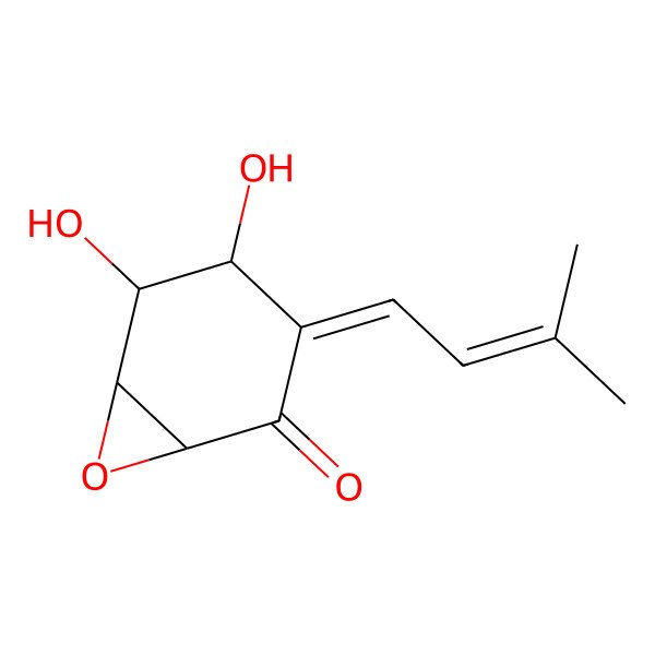 2D Structure of (1S,3E,4S,5S,6S)-4,5-dihydroxy-3-(3-methylbut-2-enylidene)-7-oxabicyclo[4.1.0]heptan-2-one