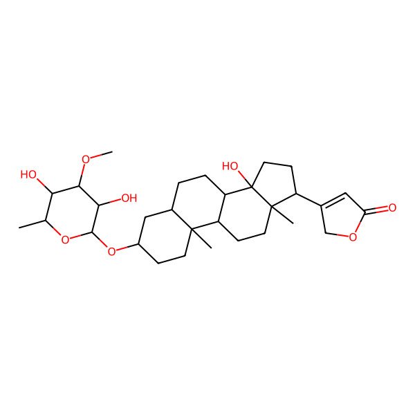 2D Structure of 3-[(3S,5S,8R,9S,10S,13R,14S,17R)-3-[(2R,3R,4R,5S,6S)-3,5-dihydroxy-4-methoxy-6-methyloxan-2-yl]oxy-14-hydroxy-10,13-dimethyl-1,2,3,4,5,6,7,8,9,11,12,15,16,17-tetradecahydrocyclopenta[a]phenanthren-17-yl]-2H-furan-5-one
