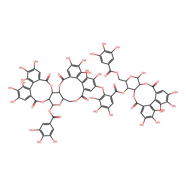 2D Structure of [(10R,11R,13R,14R,15S)-3,4,5,11,20,21,22-heptahydroxy-8,17-dioxo-13-[(3,4,5-trihydroxybenzoyl)oxymethyl]-9,12,16-trioxatetracyclo[16.4.0.02,7.010,15]docosa-1(22),2,4,6,18,20-hexaen-14-yl] 3,4,5-trihydroxy-2-[[(1R,2S,19R,20S,22R)-7,8,9,12,13,14,29,30,33,34,35-undecahydroxy-4,17,25,38-tetraoxo-20-(3,4,5-trihydroxybenzoyl)oxy-3,18,21,24,39-pentaoxaheptacyclo[20.17.0.02,19.05,10.011,16.026,31.032,37]nonatriaconta-5,7,9,11,13,15,26,28,30,32,34,36-dodecaen-28-yl]oxy]benzoate