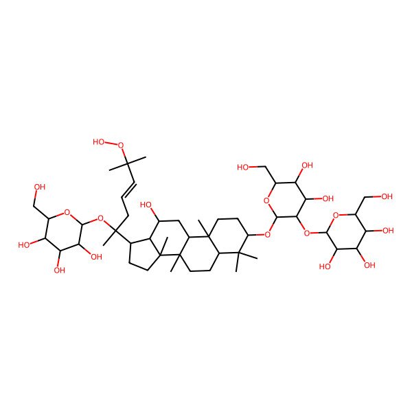 2D Structure of (2S,3R,4S,5S,6R)-2-[(2R,3R,4S,5S,6R)-2-[[(3S,5R,8R,9R,10R,12R,13R,14R,17S)-17-[(E,2S)-6-hydroperoxy-6-methyl-2-[(2S,3R,4S,5S,6R)-3,4,5-trihydroxy-6-(hydroxymethyl)oxan-2-yl]oxyhept-4-en-2-yl]-12-hydroxy-4,4,8,10,14-pentamethyl-2,3,5,6,7,9,11,12,13,15,16,17-dodecahydro-1H-cyclopenta[a]phenanthren-3-yl]oxy]-4,5-dihydroxy-6-(hydroxymethyl)oxan-3-yl]oxy-6-(hydroxymethyl)oxane-3,4,5-triol