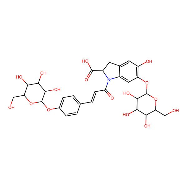 2D Structure of (2S)-5-hydroxy-6-[(2S,3R,4S,5S,6R)-3,4,5-trihydroxy-6-(hydroxymethyl)oxan-2-yl]oxy-1-[(E)-3-[4-[(2S,3R,4S,5S,6R)-3,4,5-trihydroxy-6-(hydroxymethyl)oxan-2-yl]oxyphenyl]prop-2-enoyl]-2,3-dihydroindole-2-carboxylic acid